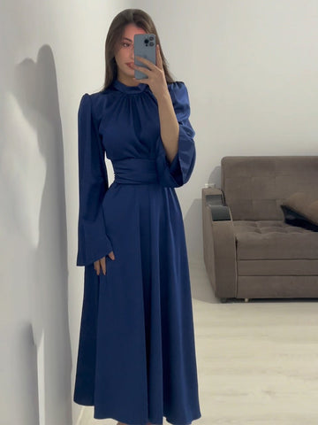 2025 New Waist Display Thin Strap Solid Color Long Sleeve Dress Design Dress Dress Dress Woman